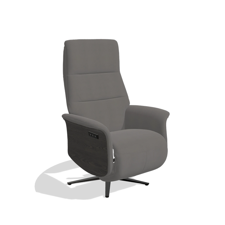 Recliner Atlas 6685 in Leather B584 (dark grey), tobacco wood side panels, black metal base, angled view