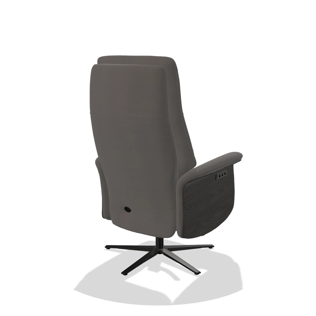Recliner Atlas 6685 in Leather B584 (dark grey), tobacco wood side panels, black metal base, back angled view