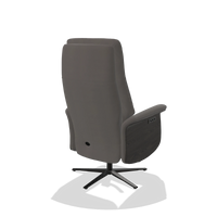 Recliner Atlas 6685 in Leather B584 (dark grey), tobacco wood side panels, black metal base, back angled view