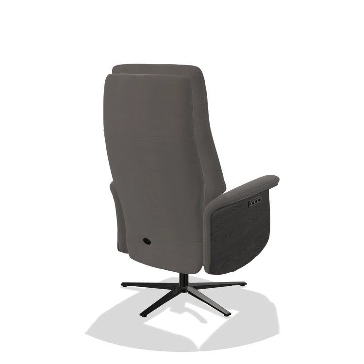 Recliner Atlas 6685 in Leather B584 (dark grey), tobacco wood side panels, black metal base, back angled view