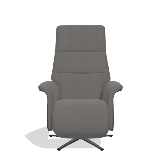 Sillón reclinable Atlas 6685 en Piel B584 (gris oscuro), paneles laterales de madera en tabaco, base metálica en negro, vista frontal