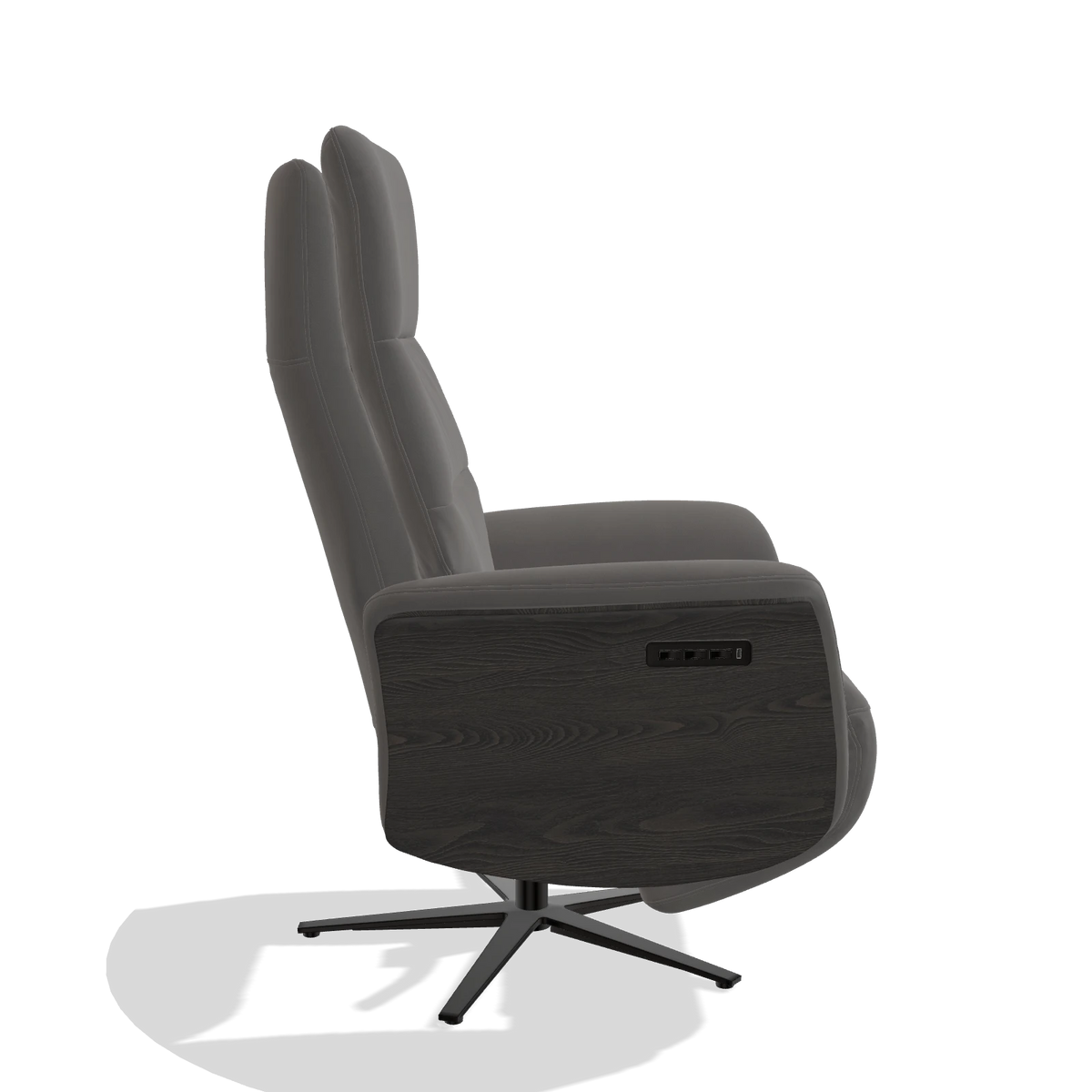 Recliner Atlas 6685 in Leather B584 (dark grey), tobacco wood side panels, black metal base, side view