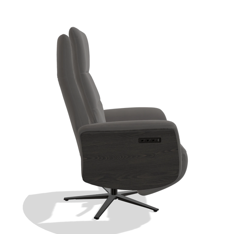 Recliner Atlas 6685 in Leather B584 (dark grey), tobacco wood side panels, black metal base, side view