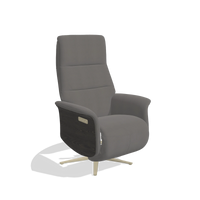 Recliner Atlas 6685 in Leather B584 (dark grey), tobacco wood side panels, champagne metal base, angled view
