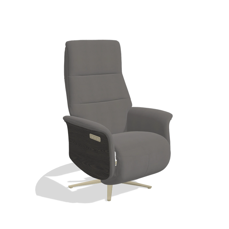 Recliner Atlas 6685 in Leather B584 (dark grey), tobacco wood side panels, champagne metal base, angled view
