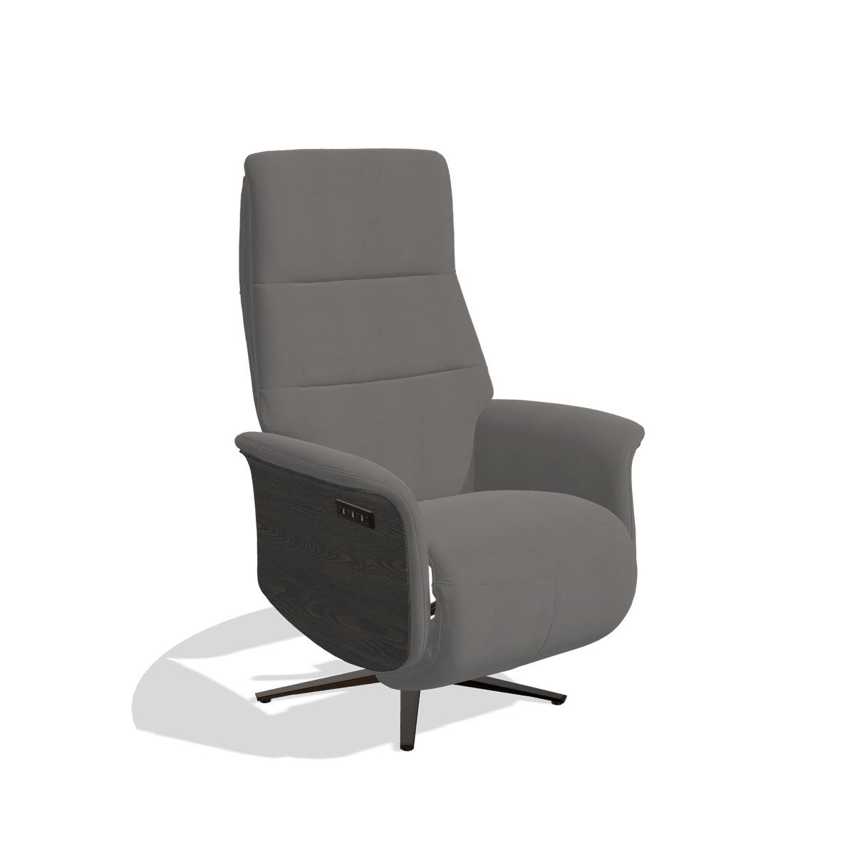 Recliner Atlas 6685 in Leather B584 (dark grey), tobacco wood side panels, espresso metal base, angled view