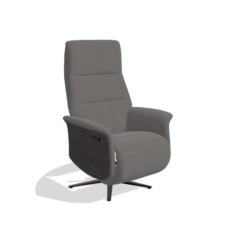Recliner Atlas 6685 in Leather B584 (dark grey), tobacco wood side panels, espresso metal base, angled view