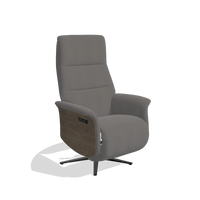Recliner Atlas 6685 in Leather B584 (dark grey), walnut wood side panels, black metal base, angled view