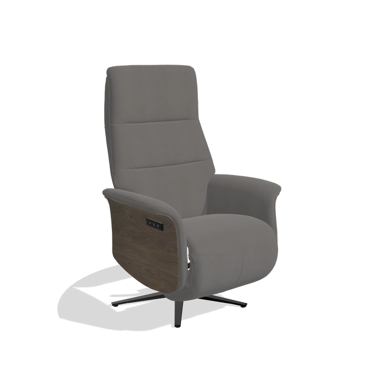 Recliner Atlas 6685 in Leather B584 (dark grey), walnut wood side panels, black metal base, angled view