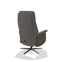 Recliner Atlas 6685 in Leather B584 (dark grey), walnut wood side panels, black metal base, back angled view