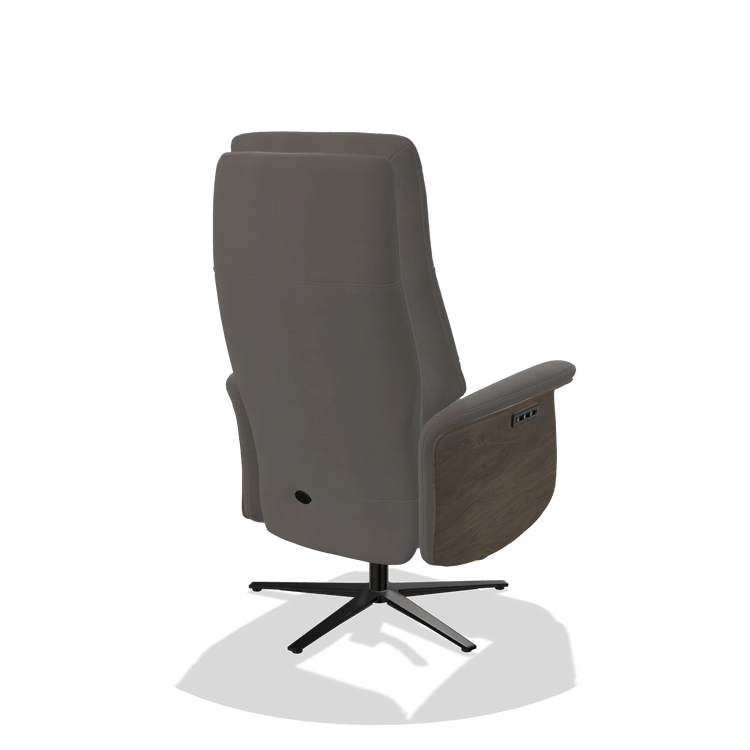 Recliner Atlas 6685 in Leather B584 (dark grey), walnut wood side panels, black metal base, back angled view