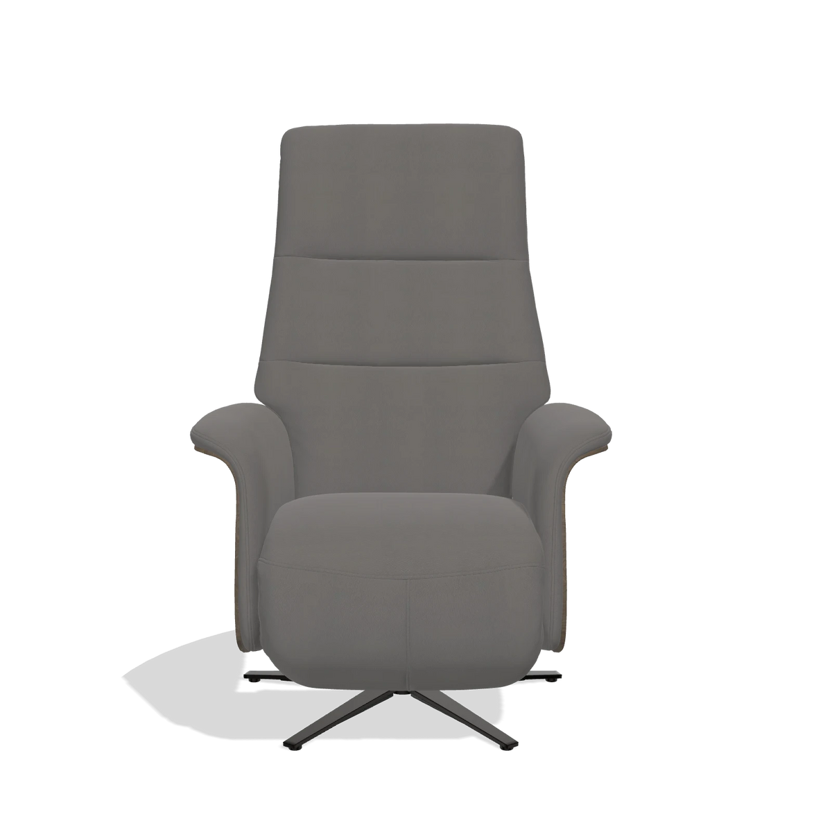 Recliner Atlas 6685 in Leather B584 (dark grey), walnut wood side panels, black metal base, front view