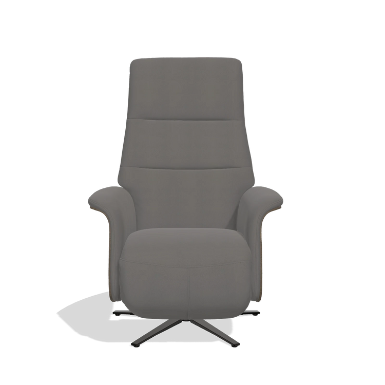 Recliner Atlas 6685 in Leather B584 (dark grey), walnut wood side panels, black metal base, front view