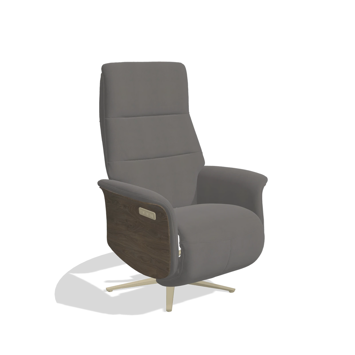 Recliner Atlas 6685 in Leather B584 (dark grey), walnut wood side panels, champagne metal base, angled view