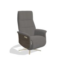 Recliner Atlas 6685 in Leather B584 (dark grey), walnut wood side panels, champagne metal base, angled view