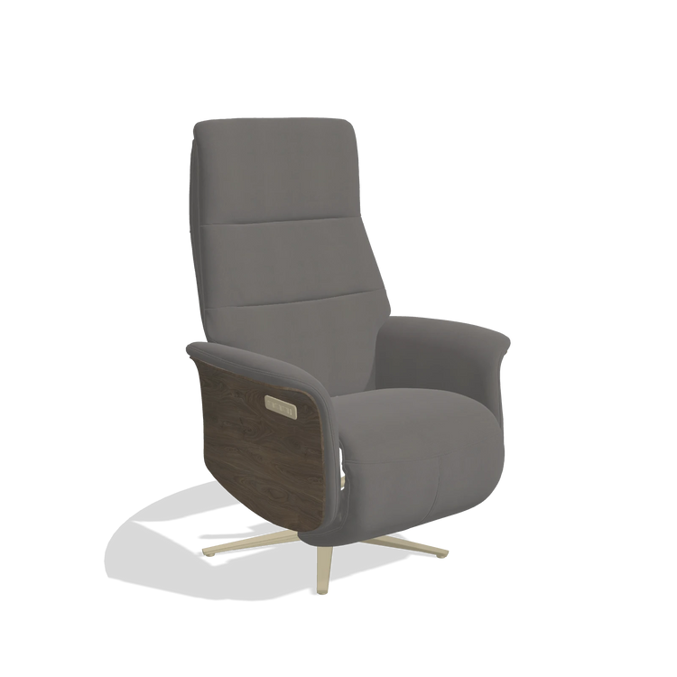 Recliner Atlas 6685 in Leather B584 (dark grey), walnut wood side panels, champagne metal base, angled view