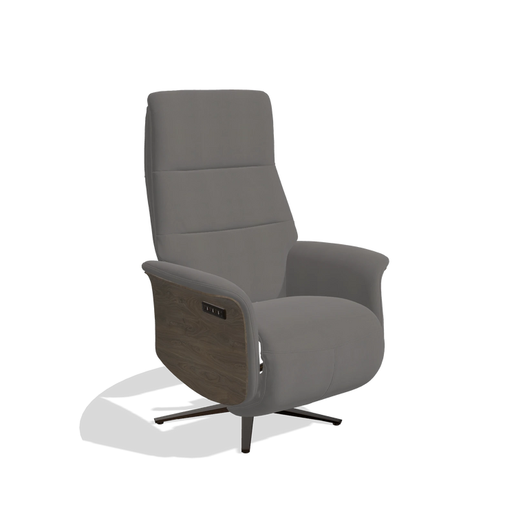 Recliner Atlas 6685 in Leather B584 (dark grey), walnut wood side panels, espresso metal base, angled view
