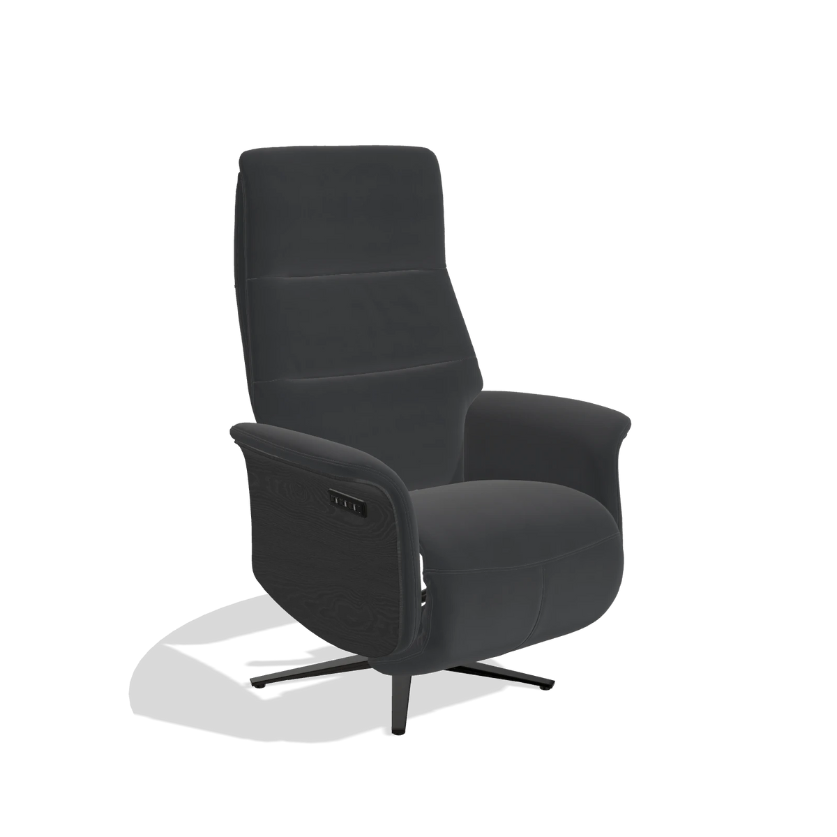 Recliner Atlas 6685 in Leather B900 (black), black wood side panels, black metal base, angled view