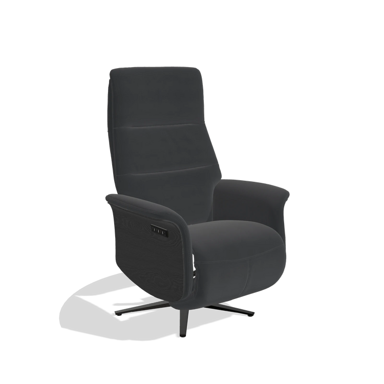 Recliner Atlas 6685 in Leather B900 (black), black wood side panels, black metal base, angled view