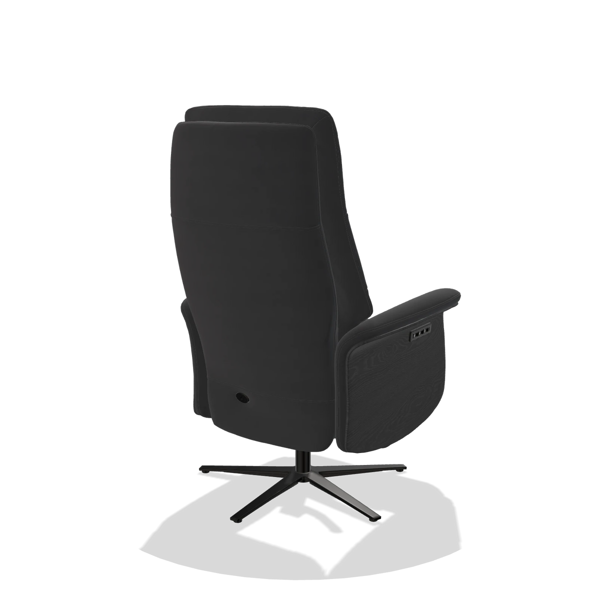 Recliner Atlas 6685 in Leather B900 (black), black wood side panels, black metal base, back angled view