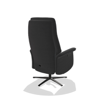 Recliner Atlas 6685 in Leather B900 (black), black wood side panels, black metal base, back angled view