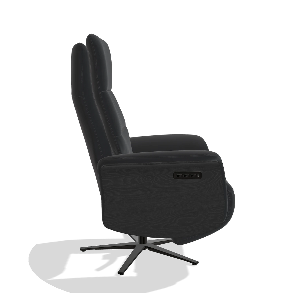 Recliner Atlas 6685 in Leather B900 (black), black wood side panels, black metal base, side view