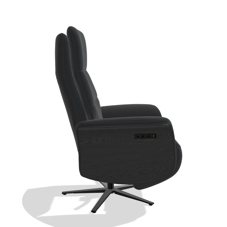 Recliner Atlas 6685 in Leather B900 (black), black wood side panels, black metal base, side view