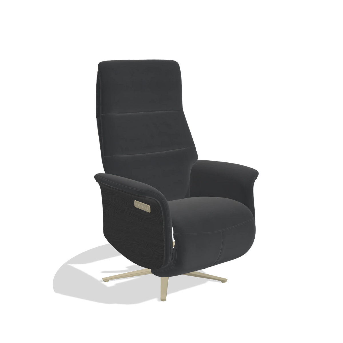 Recliner Atlas 6685 in Leather B900 (black), black wood side panels, champagne metal base, angled view