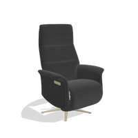 Recliner Atlas 6685 in Leather B900 (black), black wood side panels, champagne metal base, angled view