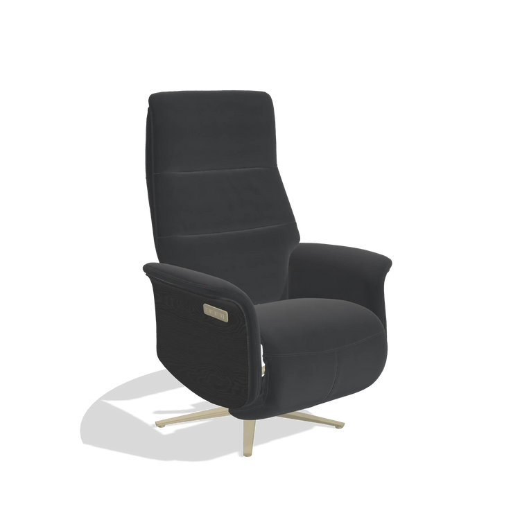 Recliner Atlas 6685 in Leather B900 (black), black wood side panels, champagne metal base, angled view
