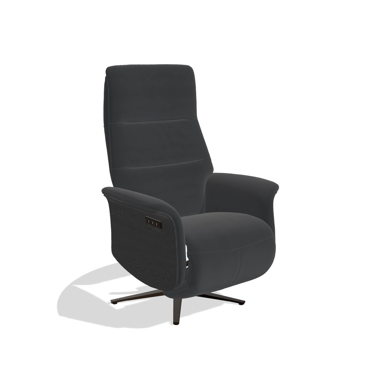 Recliner Atlas 6685 in Leather B900 (black), black wood side panels, espresso metal base, angled view
