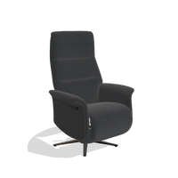 Recliner Atlas 6685 in Leather B900 (black), black wood side panels, espresso metal base, angled view