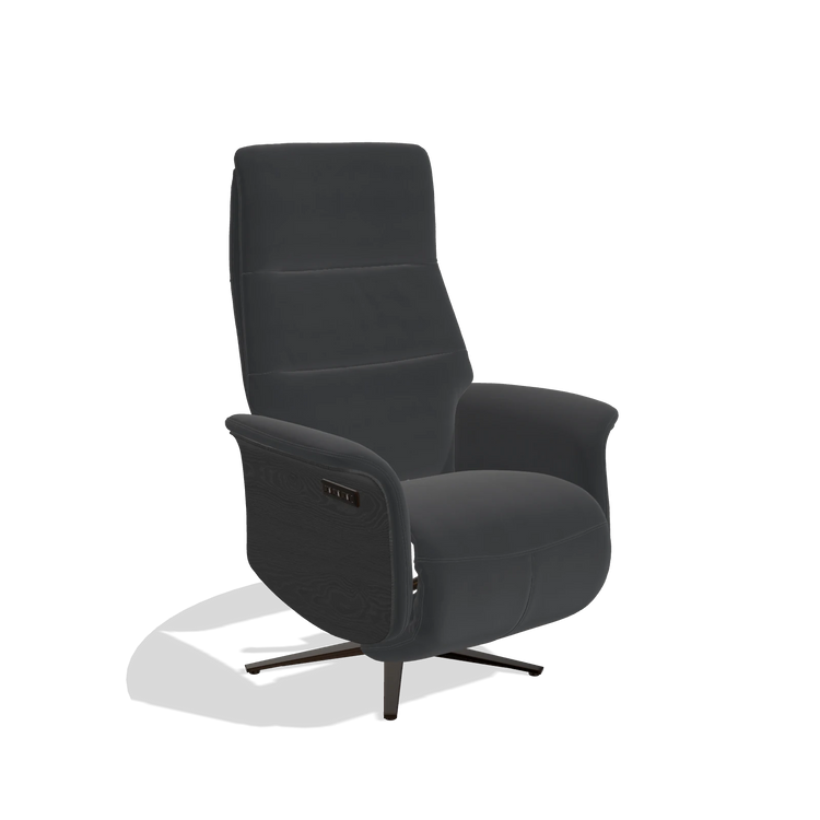 Recliner Atlas 6685 in Leather B900 (black), black wood side panels, espresso metal base, angled view