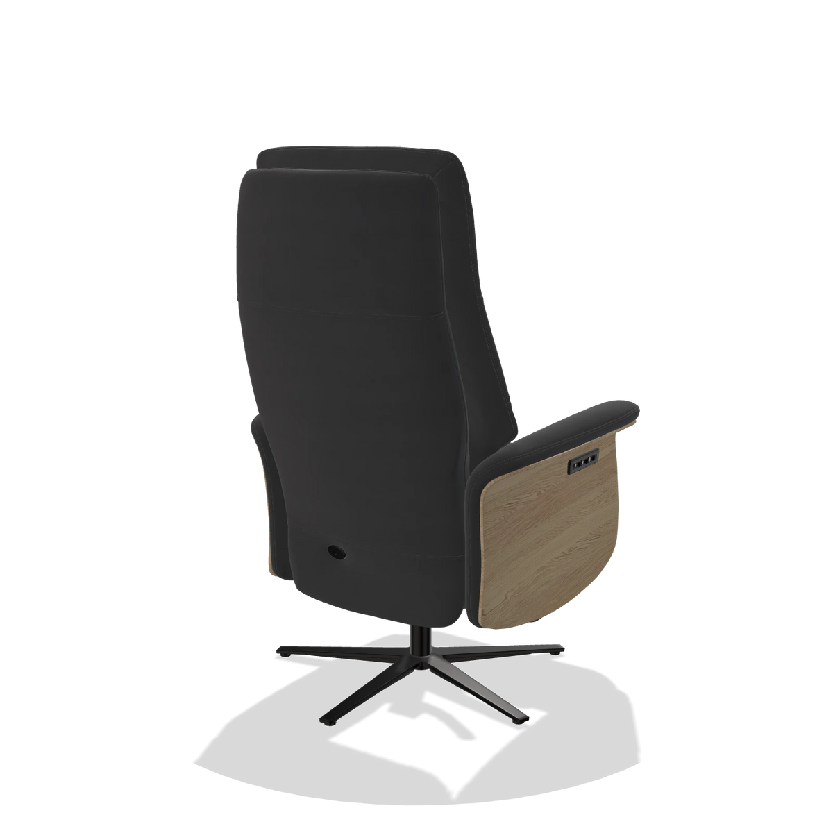 Recliner Atlas 6685 in Leather B900 (black), natural wood side panels, black metal base, back angled view