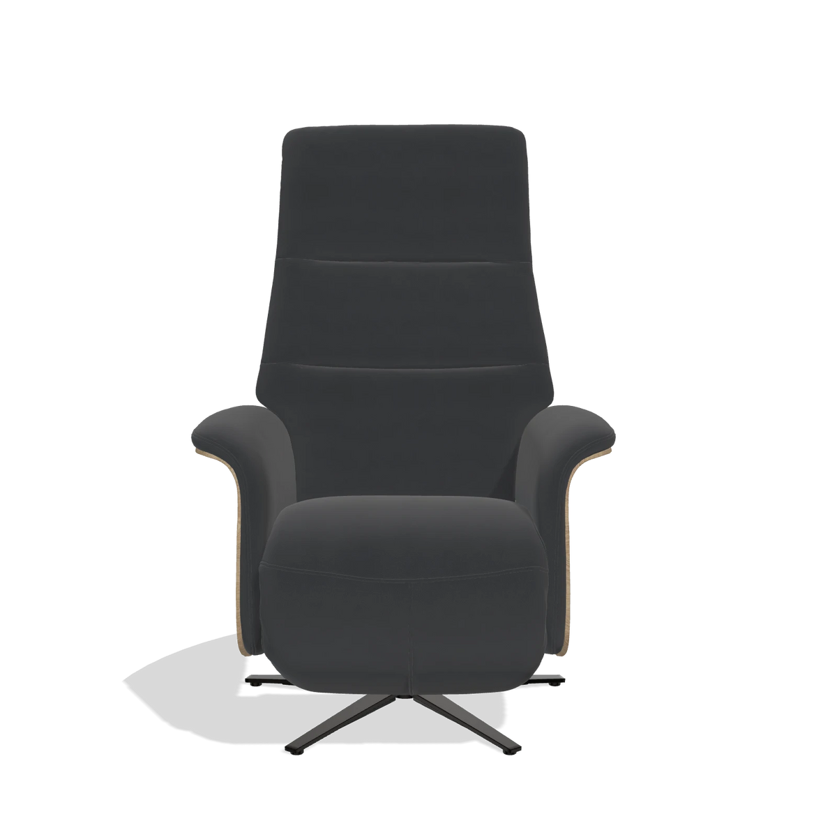 Recliner Atlas 6685 in Leather B900 (black), natural wood side panels, black metal base, front view