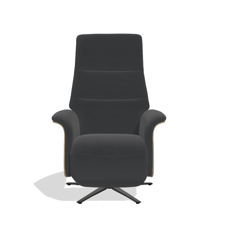 Recliner Atlas 6685 in Leather B900 (black), natural wood side panels, black metal base, front view