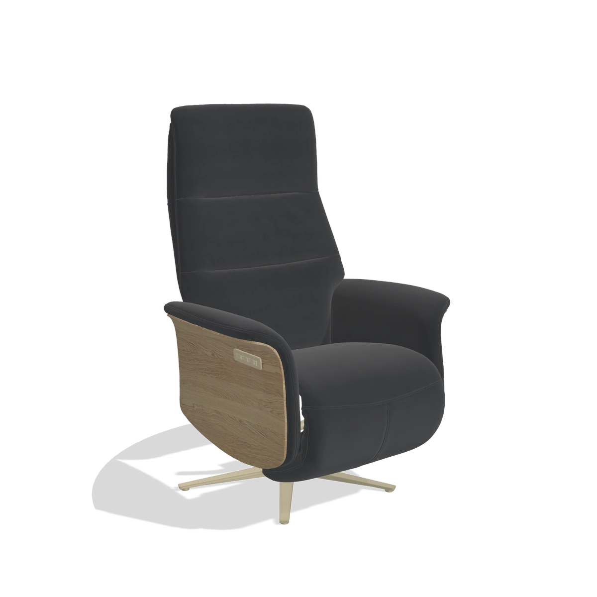 Recliner Atlas 6685 in Leather B900 (black), natural wood side panels, champagne metal base, angled view