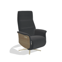 Recliner Atlas 6685 in Leather B900 (black), natural wood side panels, champagne metal base, angled view