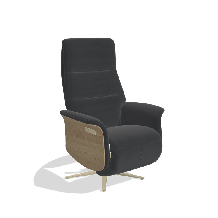Recliner Atlas 6685 in Leather B900 (black), natural wood side panels, champagne metal base, angled view