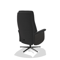 Recliner Atlas 6685 in Leather B900 (black), tobacco wood side panels, black metal base, back angled view