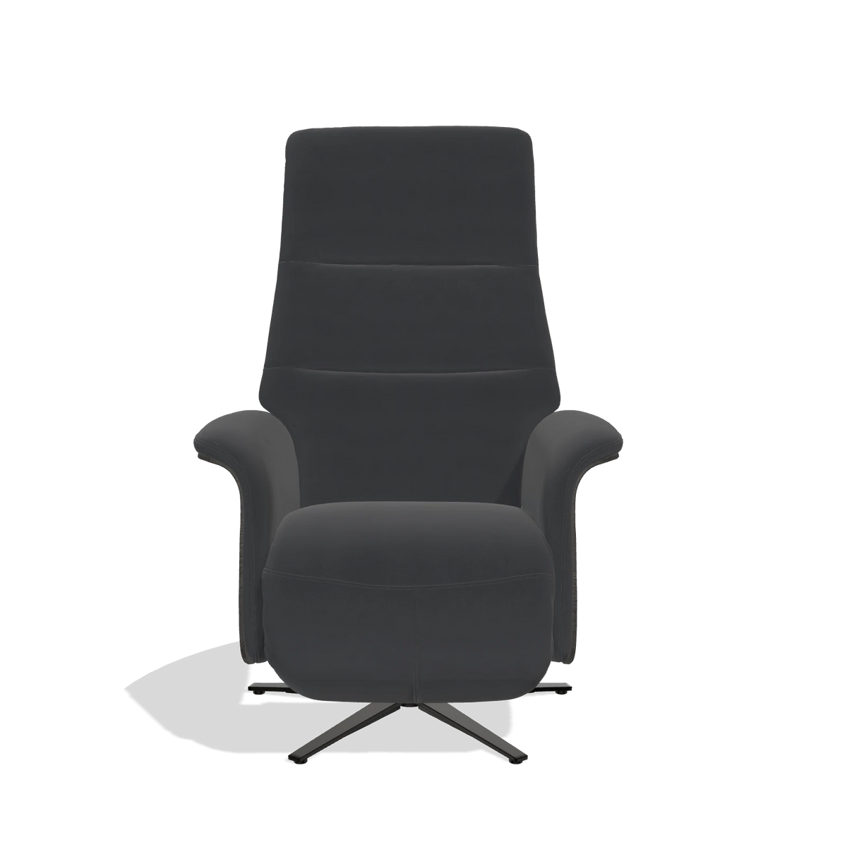 Recliner Atlas 6685 in Leather B900 (black), tobacco wood side panels, black metal base, front view