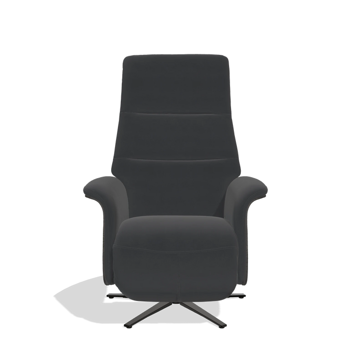 Recliner Atlas 6685 in Leather B900 (black), tobacco wood side panels, black metal base, front view