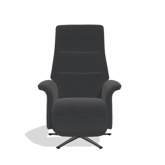 Sillón reclinable Atlas 6685 en Piel B900 (negro), paneles laterales de madera en tabaco, base metálica en negro, vista frontal