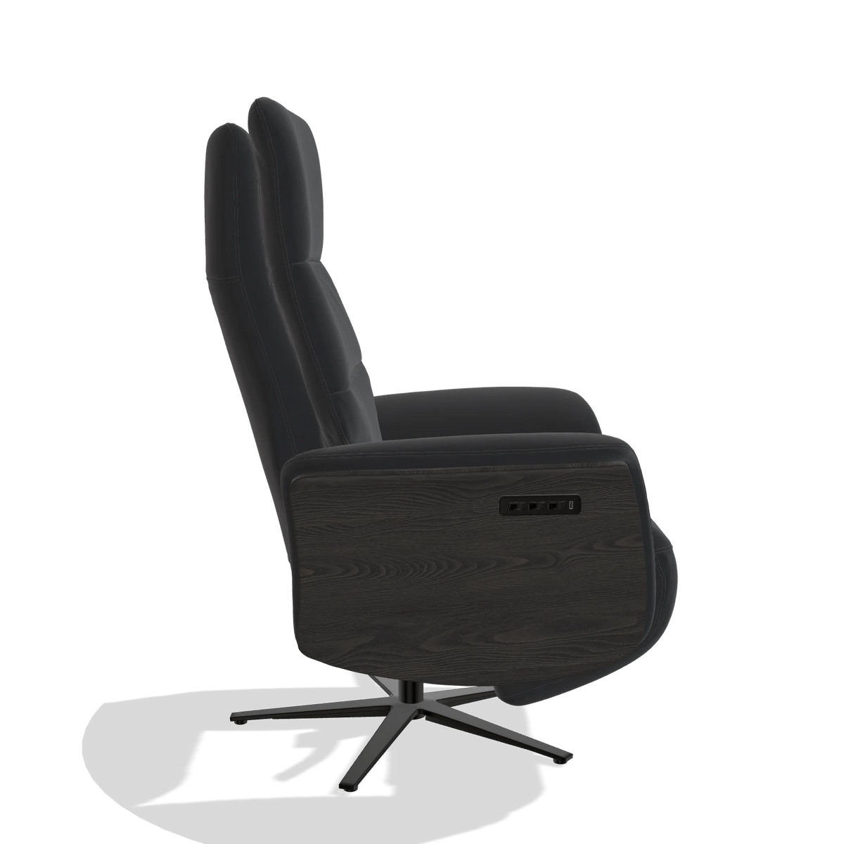 Recliner Atlas 6685 in Leather B900 (black), tobacco wood side panels, black metal base, side view