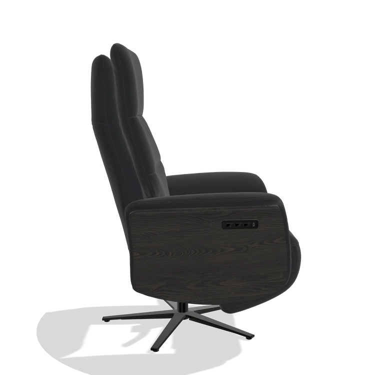 Recliner Atlas 6685 in Leather B900 (black), tobacco wood side panels, black metal base, side view