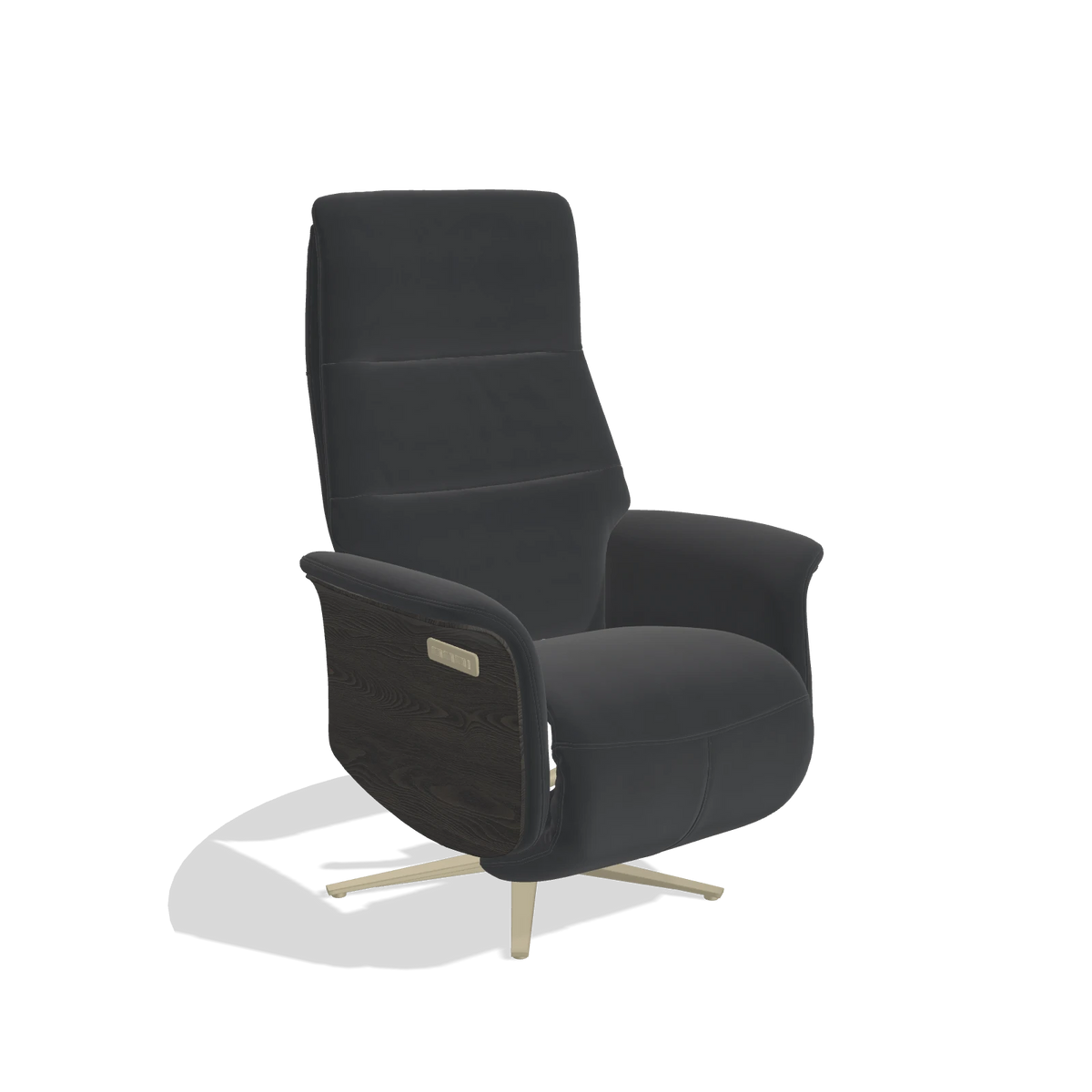 Recliner Atlas 6685 in Leather B900 (black), tobacco wood side panels, champagne metal base, angled view