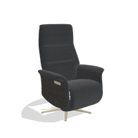 Recliner Atlas 6685 in Leather B900 (black), tobacco wood side panels, champagne metal base, angled view