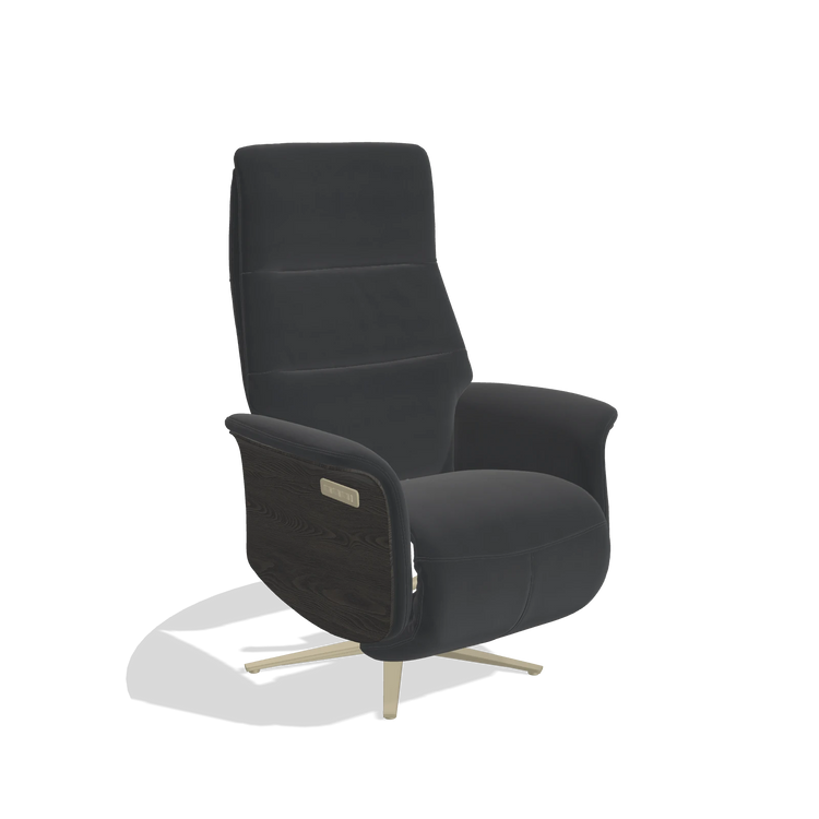Recliner Atlas 6685 in Leather B900 (black), tobacco wood side panels, champagne metal base, angled view