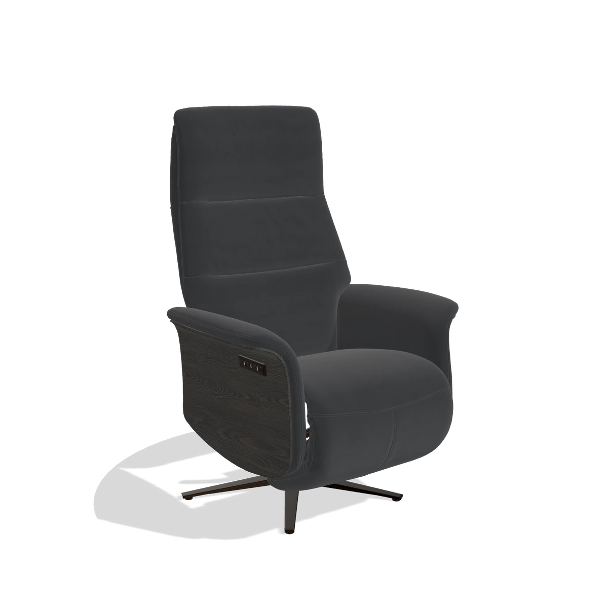 Recliner Atlas 6685 in Leather B900 (black), tobacco wood side panels, espresso metal base, angled view