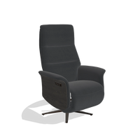 Recliner Atlas 6685 in Leather B900 (black), tobacco wood side panels, espresso metal base, angled view